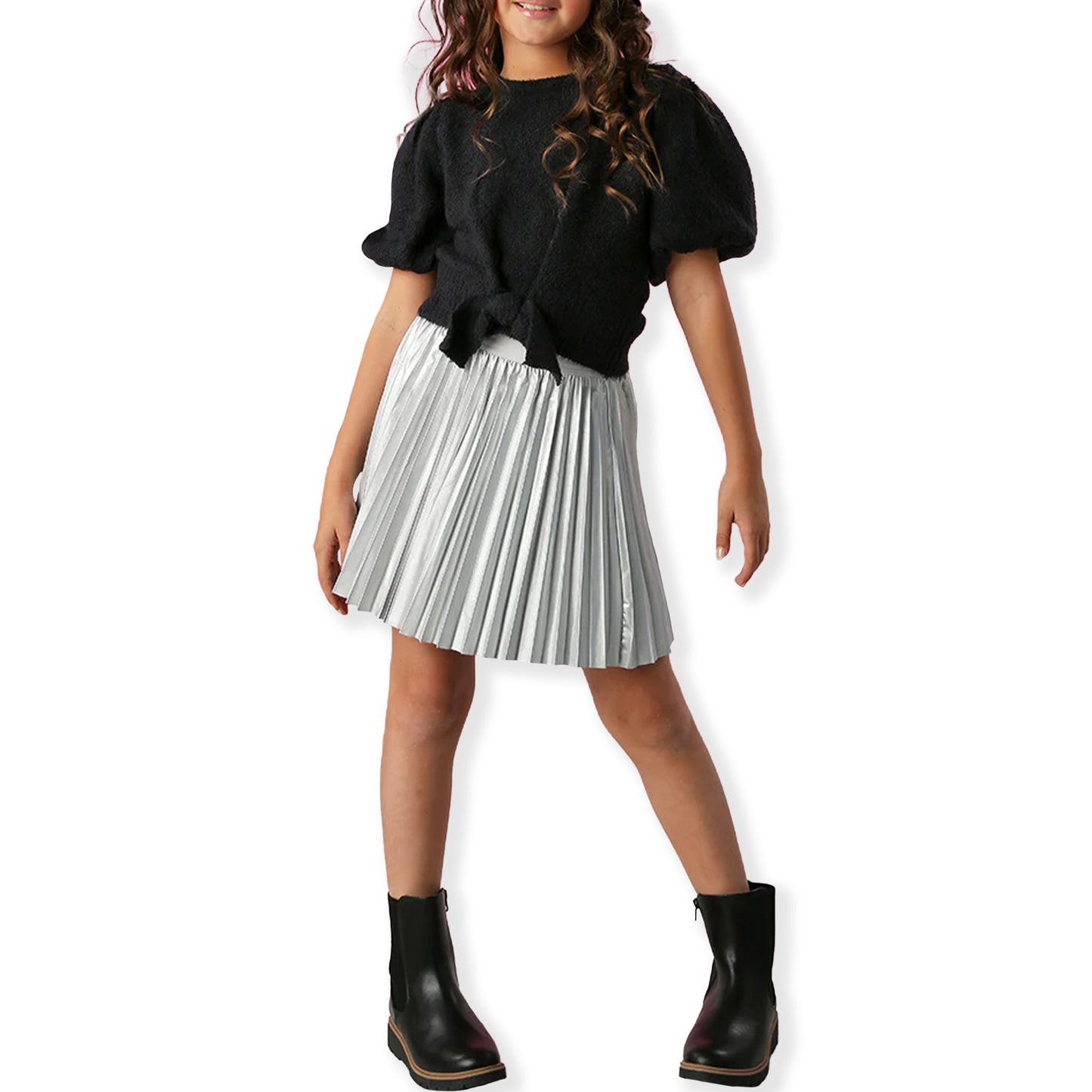 Hannah Banana Silver Pleated Faux Leather Skirt - a Spirit Animal - Skirt active September 2023 bottoms Hannah banana