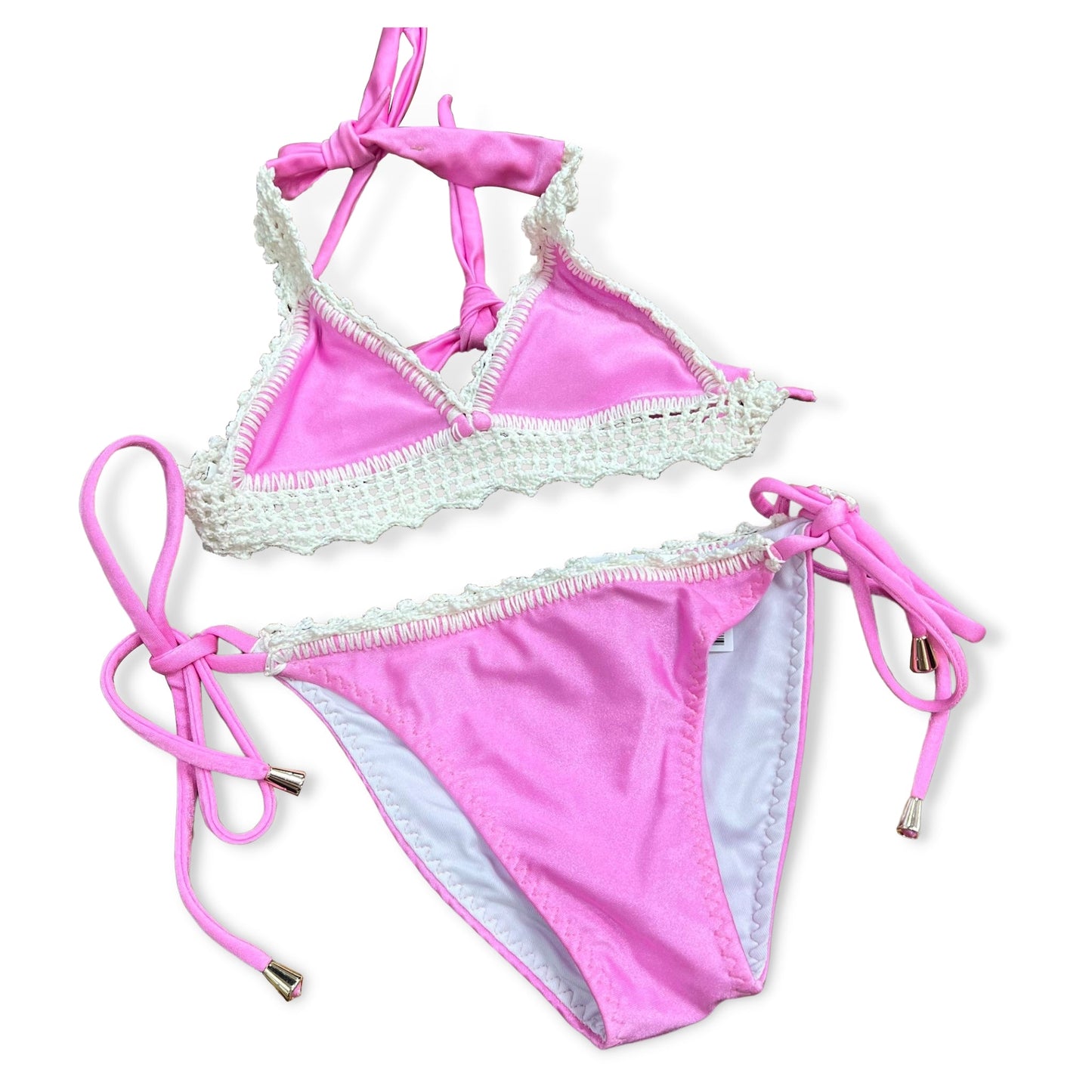 Dalai Pink with Off White Crochet Joana Bikini - a Spirit Animal - swim active December 2023 bikini Dalai