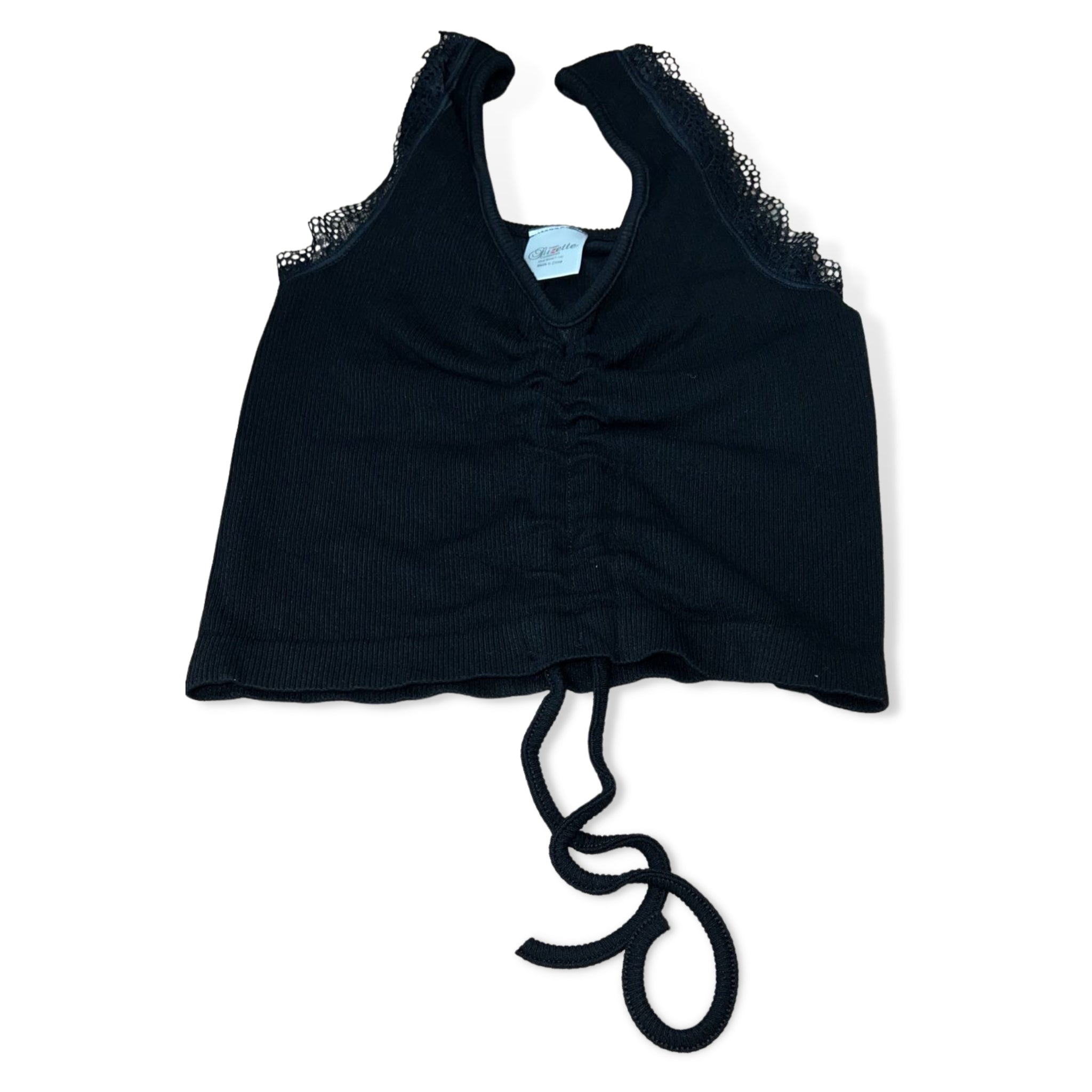Suzette Black Ribbed Lace Ruching Crop Top