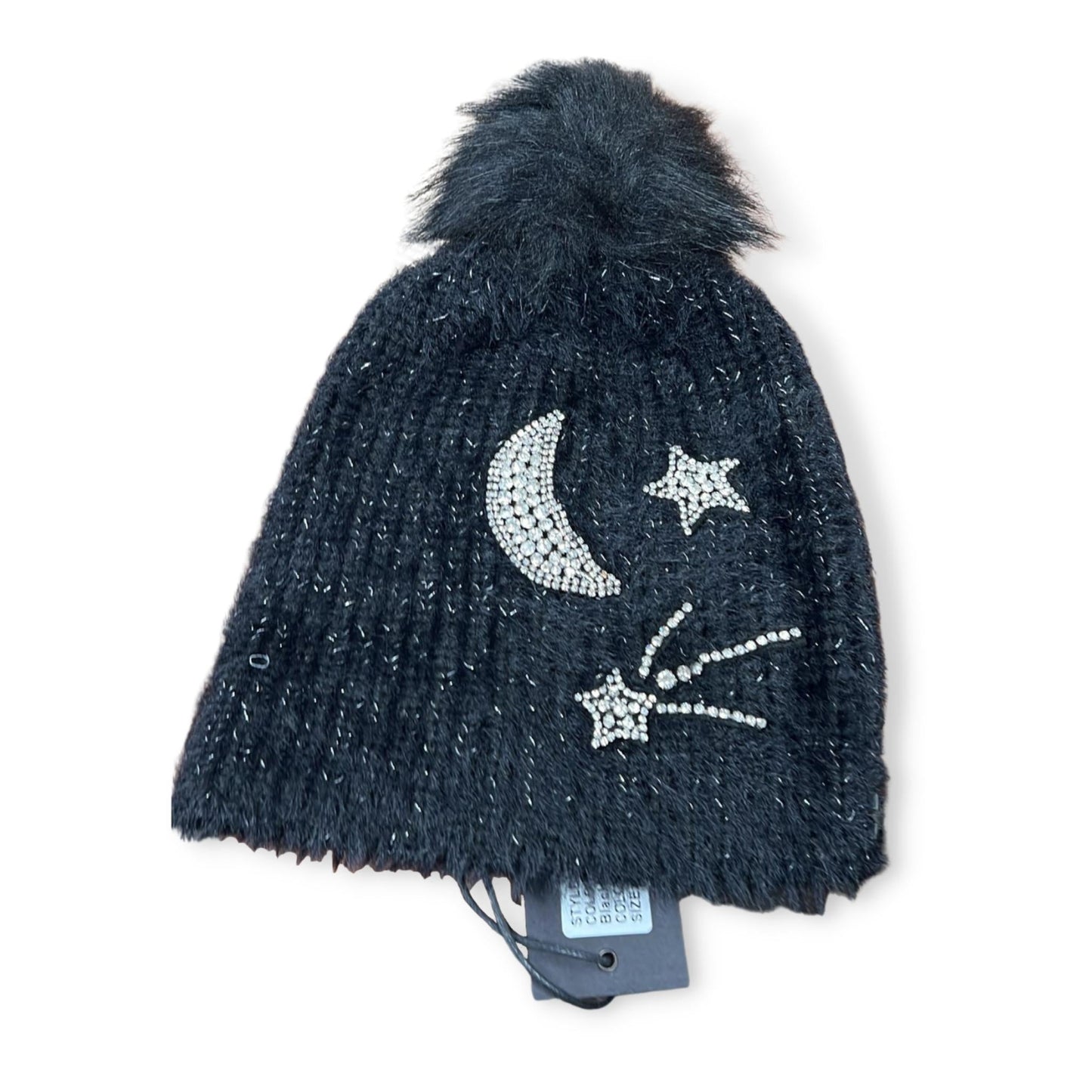 Jocelyn Black Angora Knit Hat with Crystal Moon & Stars - a Spirit Animal - Hats $90-$120 accessories active Sep 2022