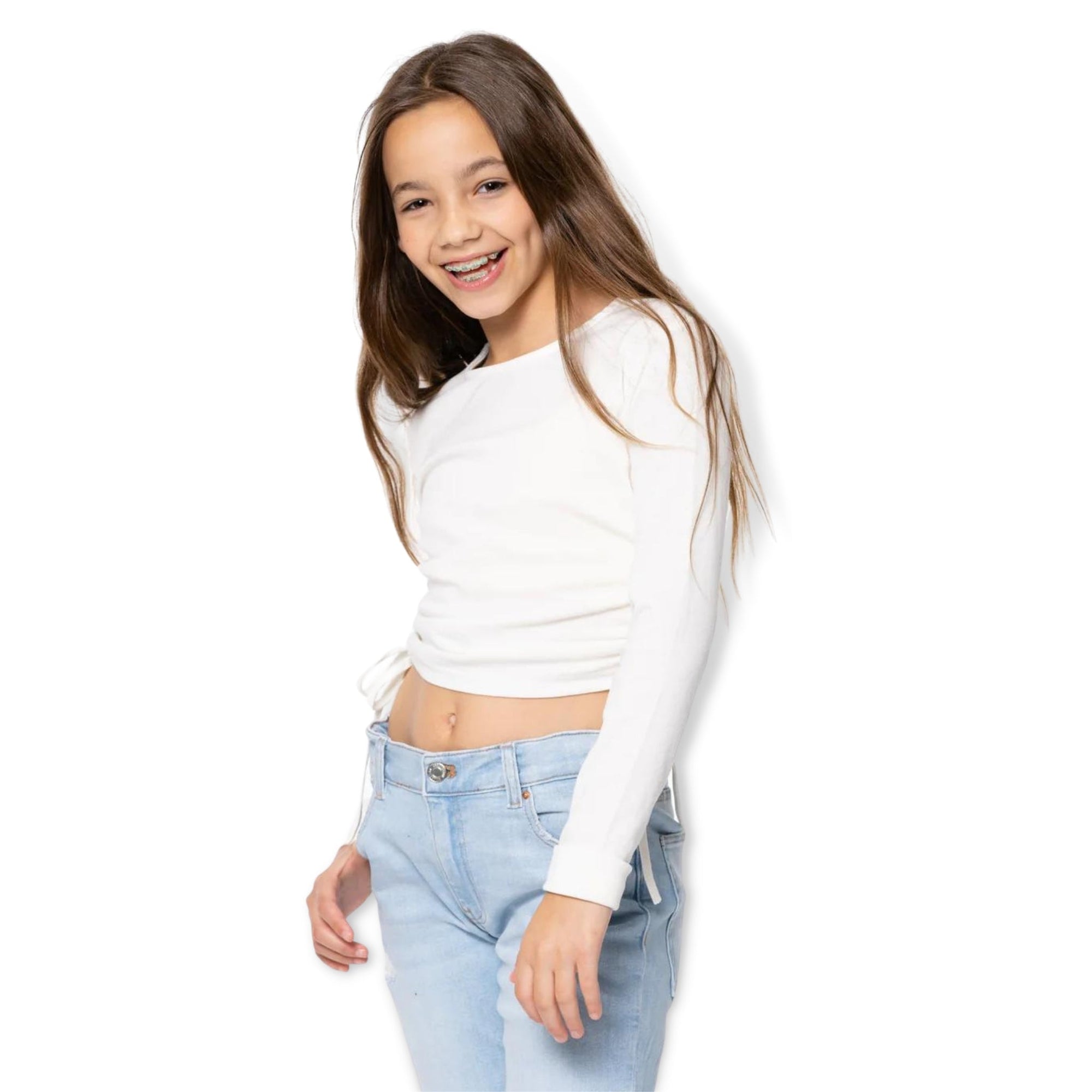 Malibu Sugar Winter White Long Sleeve Top with Ruching and Tie on the side - a Spirit Animal - Long Sleeve Top active August 2023 Long Sleeve Top Long Sleeved Top