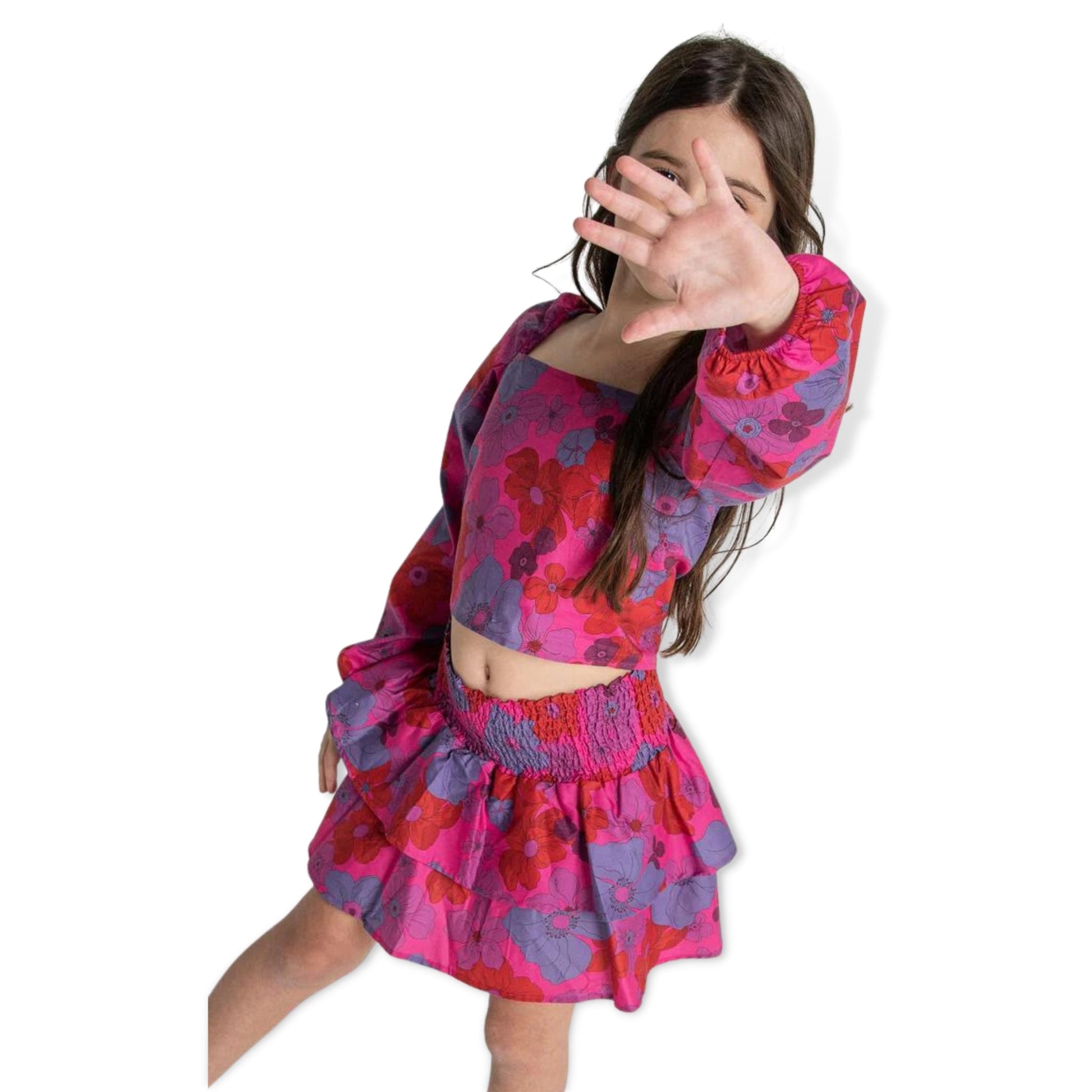 Theme Pink 70s Floral - The Jules Double Ruffle Smocked Waist Mini Skirt - a Spirit Animal - Skirt active September 2023 bottoms Extra-Large