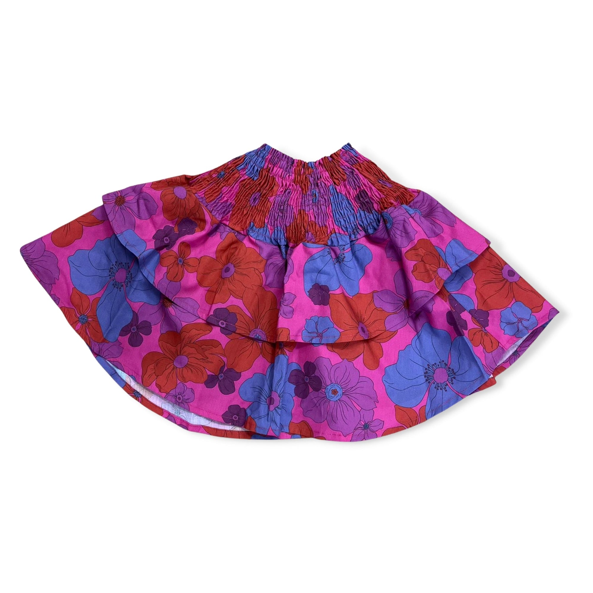 Theme Pink 70s Floral - The Jules Double Ruffle Smocked Waist Mini Skirt - a Spirit Animal - Skirt active September 2023 bottoms Extra-Large