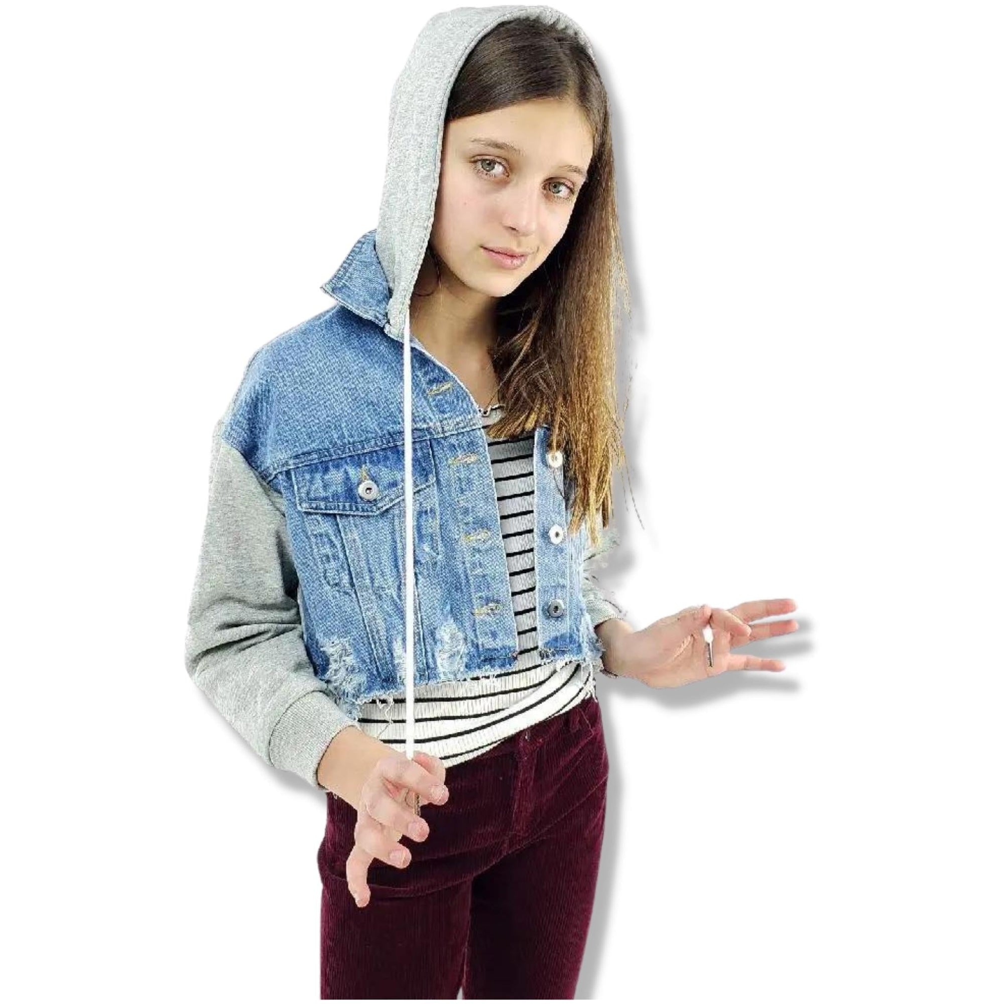 Tractr Indigo Crop Denim Jacket Combo With French Terry Sleeves - a Spirit Animal - Jacket $60-$75 $60-$90 active Apr 2022