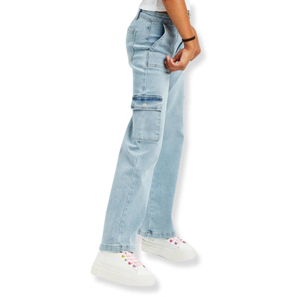 Tractr Light Indigo Patch Pocket Cargo Straight Jeans - a Spirit Animal - jeans active March 2024 bottoms denim