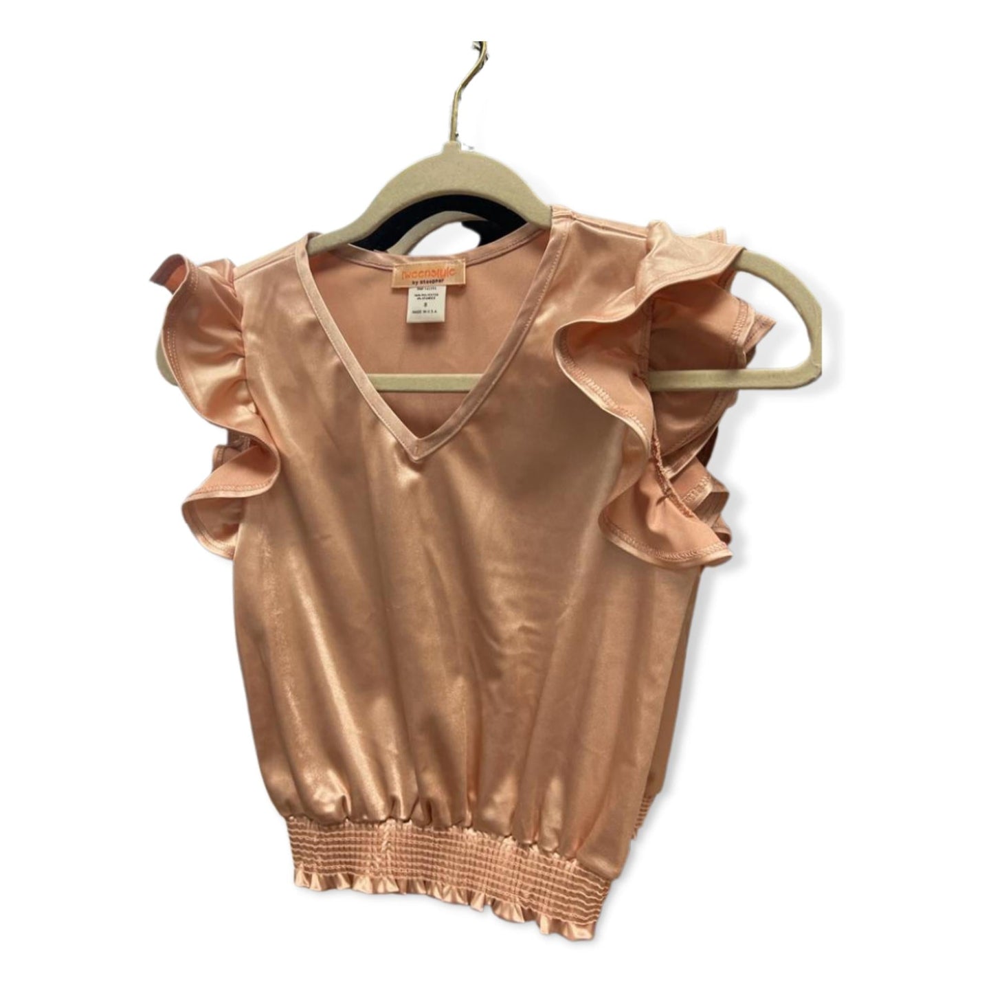 Tweenstyle Blush Knit Shine V-neck Smocked Hem Top W/ Flutter Sleeve - a Spirit Animal - Tops $60-$90 Apparel Blush