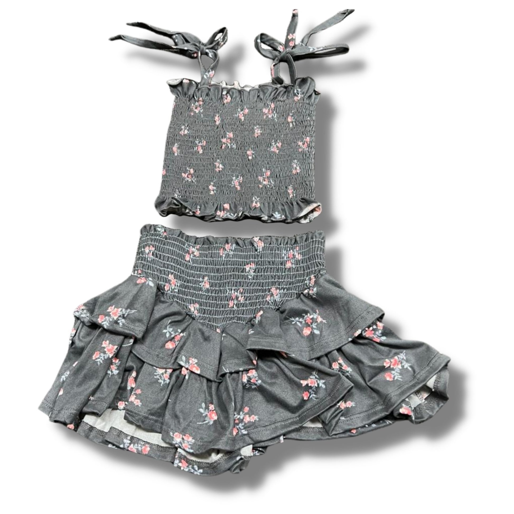 Tweenstyle Charcoal Floral Print On Soft Jersey Smoked Waist Tiered Skirt - a Spirit Animal - Skirts $45-$60 Blush bottoms