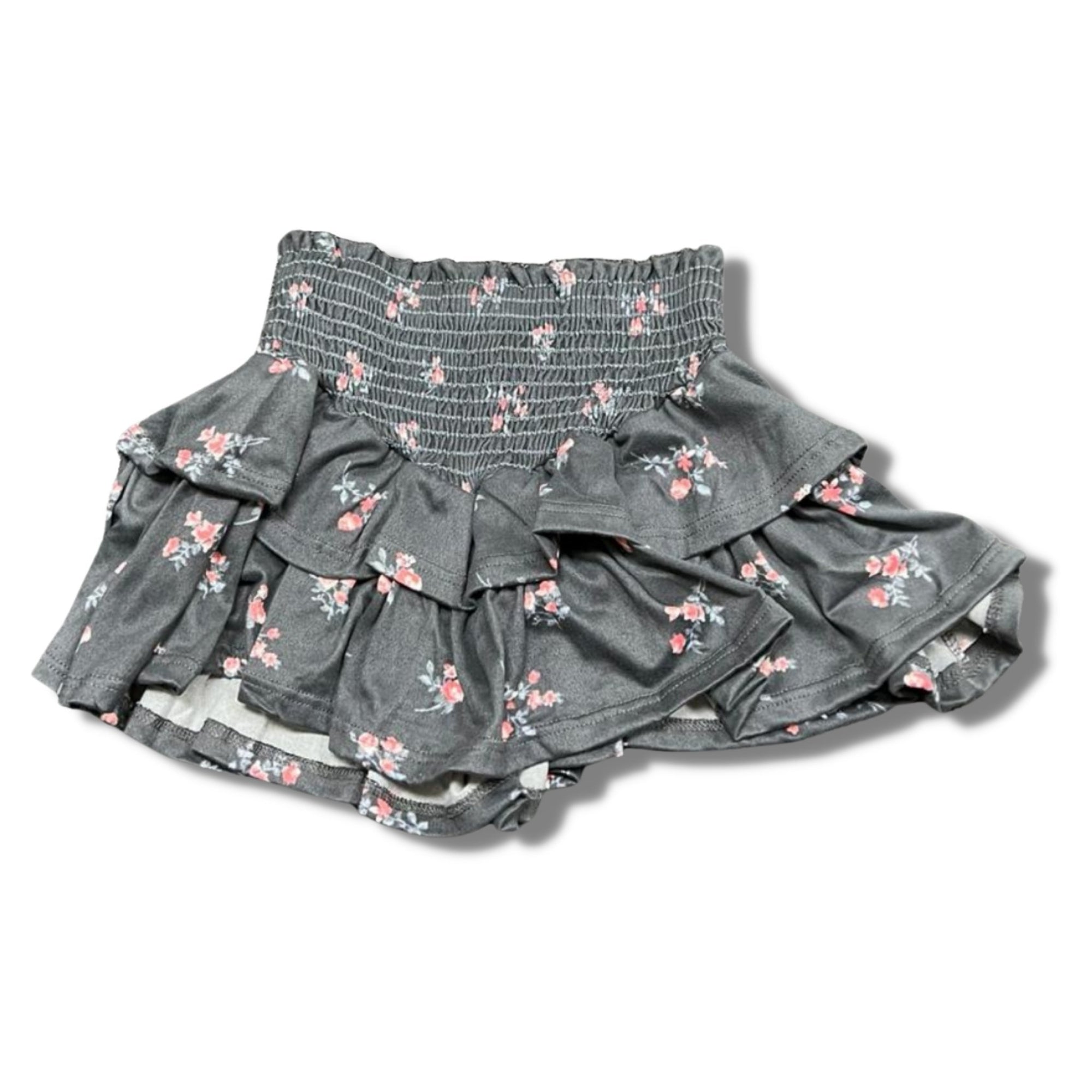 Tweenstyle Charcoal Floral Print On Soft Jersey Smoked Waist Tiered Skirt - a Spirit Animal - Skirts $45-$60 Blush bottoms